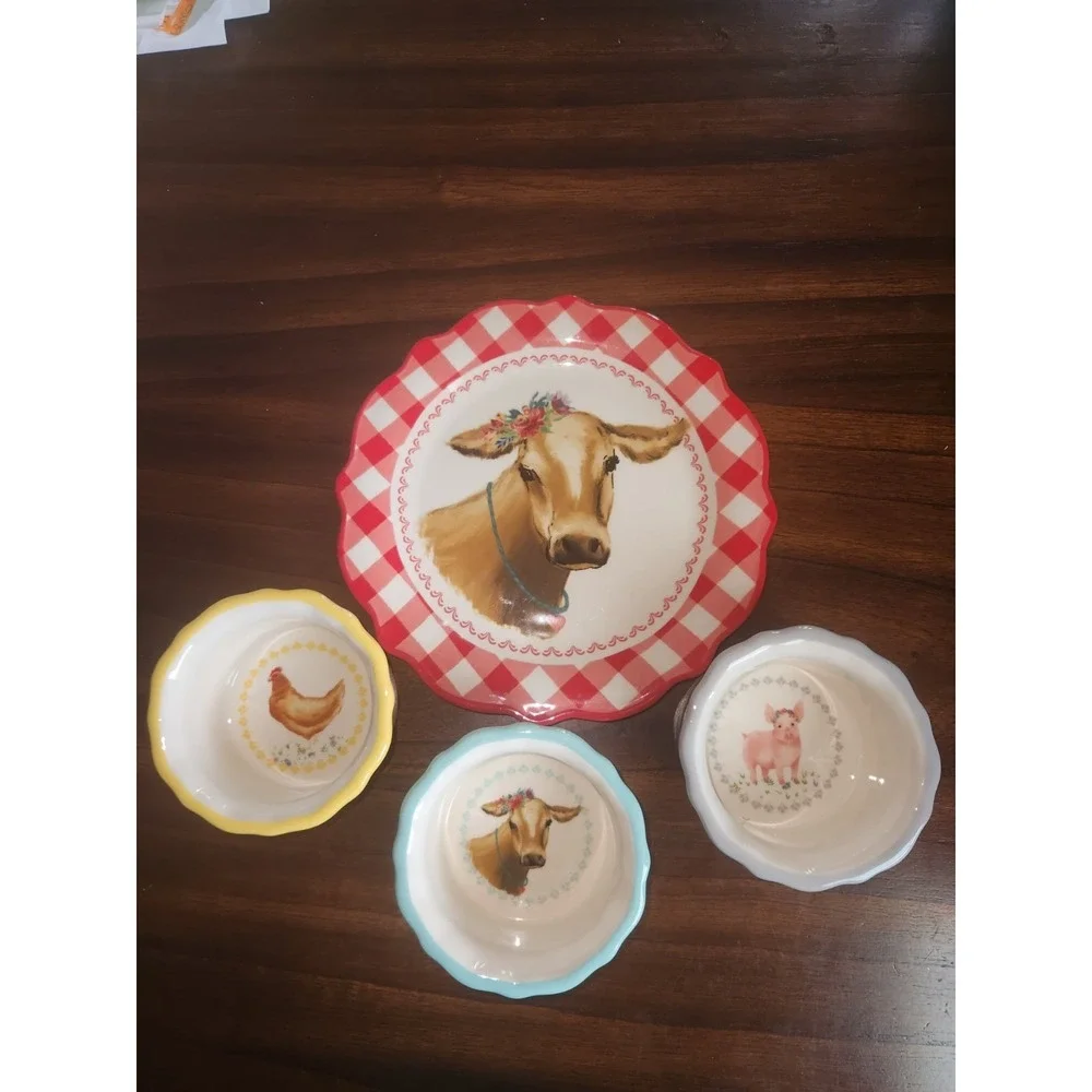 Pioneer Women Stoneware Ramekins Gingham Farm Animals 3 Ramkins & 1 plate